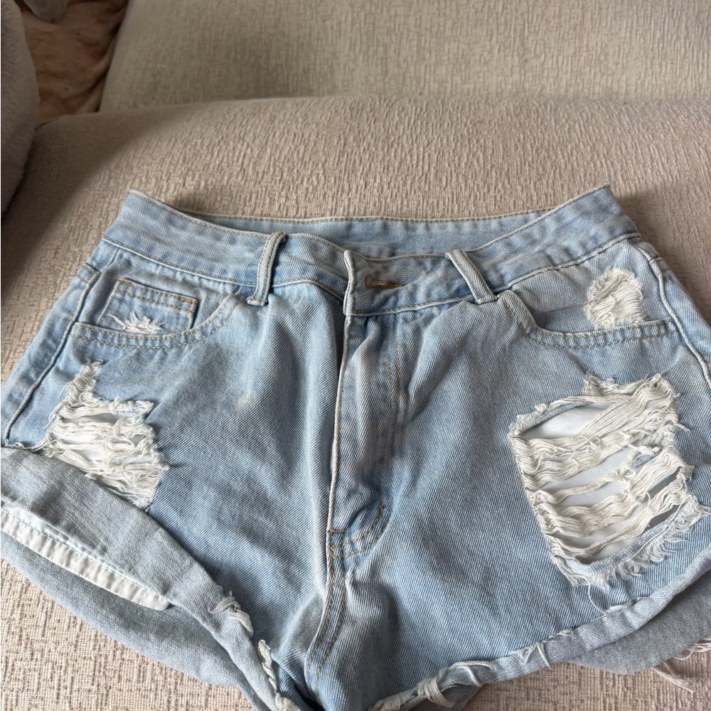 Light Wash Distressed Denim Shorts - Women's Light Blue